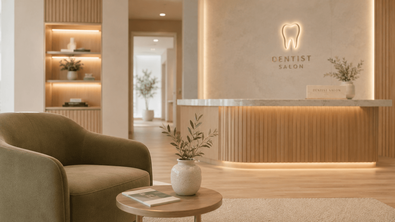 Dentist Salon reception lounge — a calm, welcoming waiting area